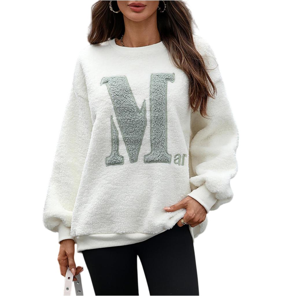 Women's Fashionable Round Neck Long Sleeved Loose Letter Embroidered Pullover Hoodie Top