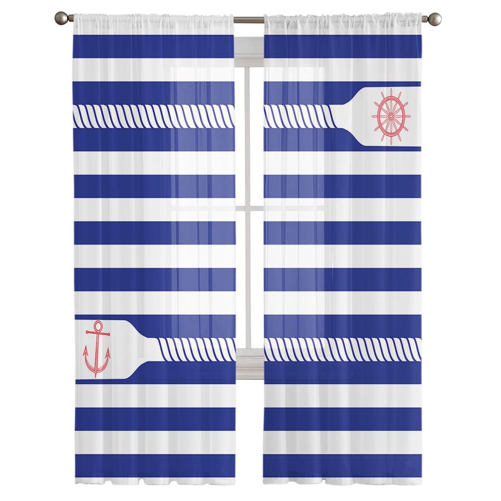 Anchor Rope Blue Stripe Tulle Curtains For Living Room Bedroom Voile Sheer Curtain Window Home Decor Drapes