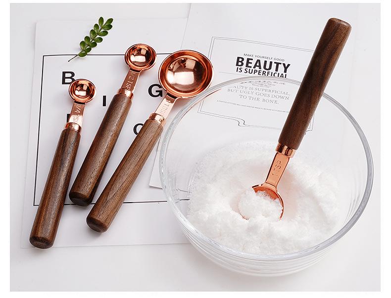 Belly Cup Rose Gold & Walnut Wood Measuring Spoon and Acacia Cup Set