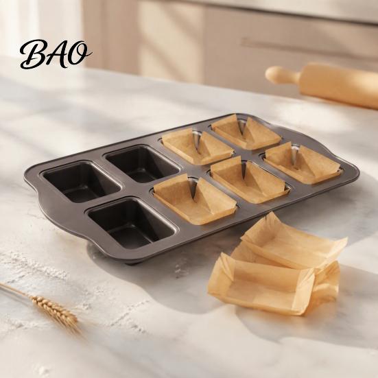 Durable Carbon Steel Bakeware for Home 8-Cavity Mini Loaf Baking Pan Set with 200Pcs Parchment Liners, Precut Unbleached Paper Nonstick Rectangle