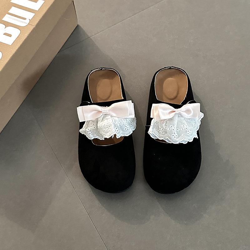 Lace bow fashionable versatile retro bag head half slippers women wear new summer shoes