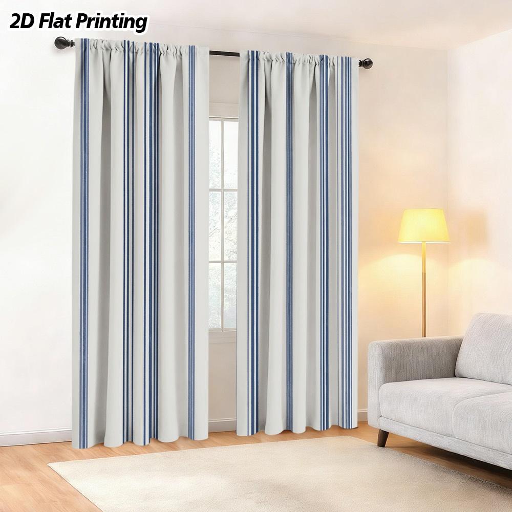 2-piece Set of Blue and White Striped Curtains with Pole Bag Design, Suitable for Bedrooms and Living Rooms