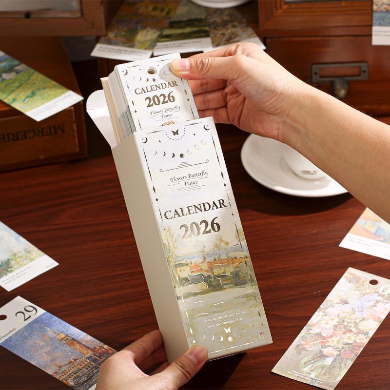 2026 Oil Painting Calendar Desk Art - Vintage One-Way Tear-off Page, Exam Countdown & Daily Planner