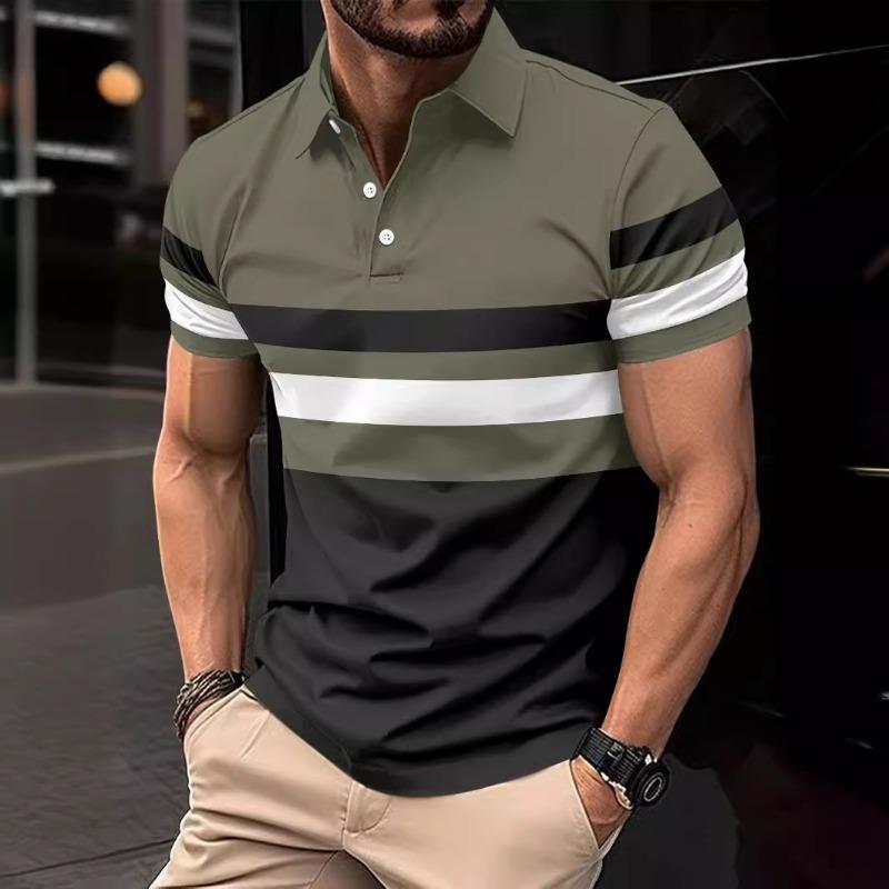 Men Striped Collared Short Sleeve Casual Sports Polo Shirt
