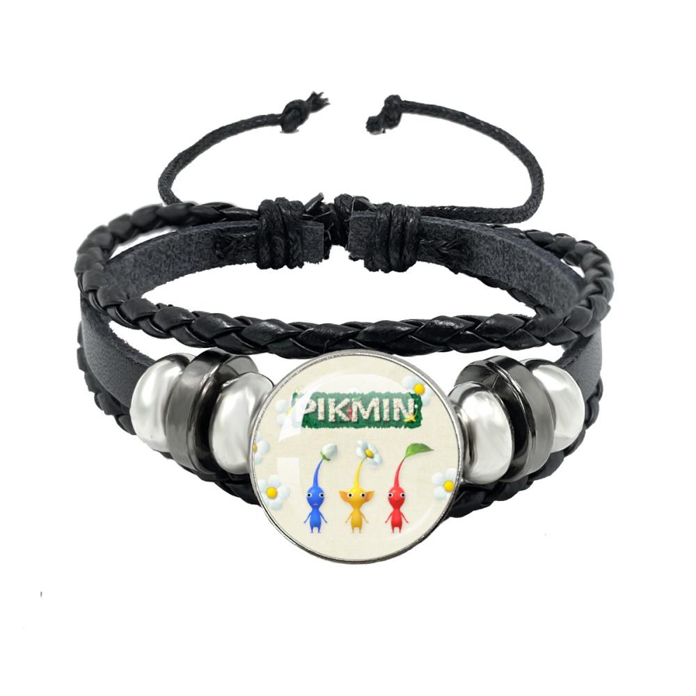 Creative Game Pikmin Cartoon Button Rope Button Glass Cabochon Handmade Black Leather Bracelet Jewelry Charm Gift