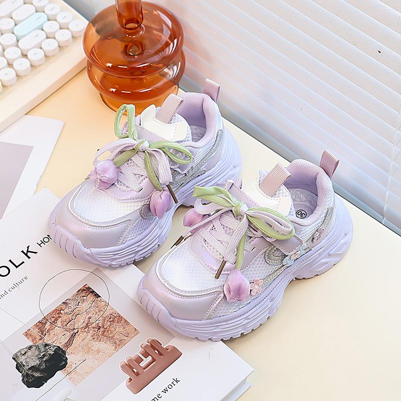 Girls Spring Autumn Mesh Breathable Running Shoes Soft Sole Fashion Flower Dad Sneakers Casual Sports Trainers For Kids