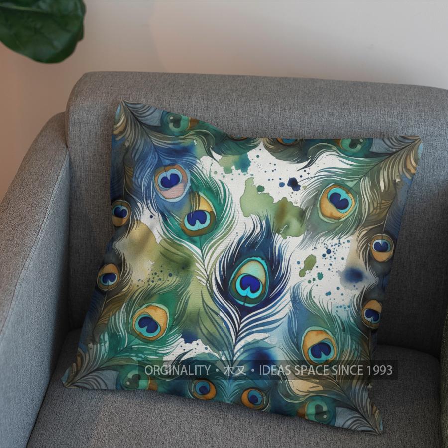 2D Peacock Feather Watercolor Pattern Throw Pillows Pattern Cushion Cover Suitable for Sofa Bedroom Car Pillow Cover