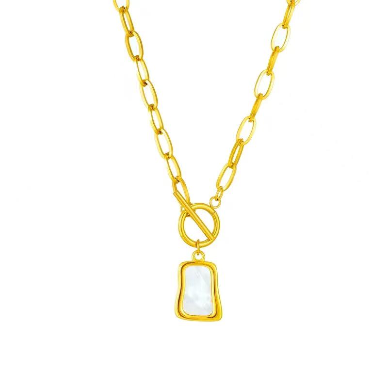 18K Gold Titanium White Shell Square Pendant Necklace for Women - Light Luxury Clavicle Chain