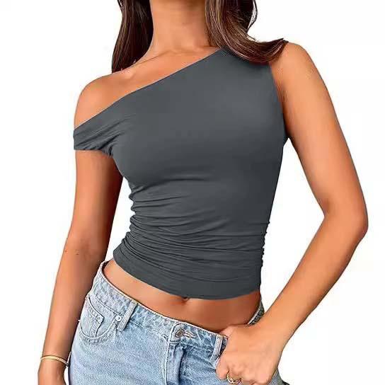 Slant Neck Top, Sexy Babes Slanted Shoulders, Solid Color Vest, Summer Women's Off-the-shoulder Pullover, Off-the-navel Women's Clothing
