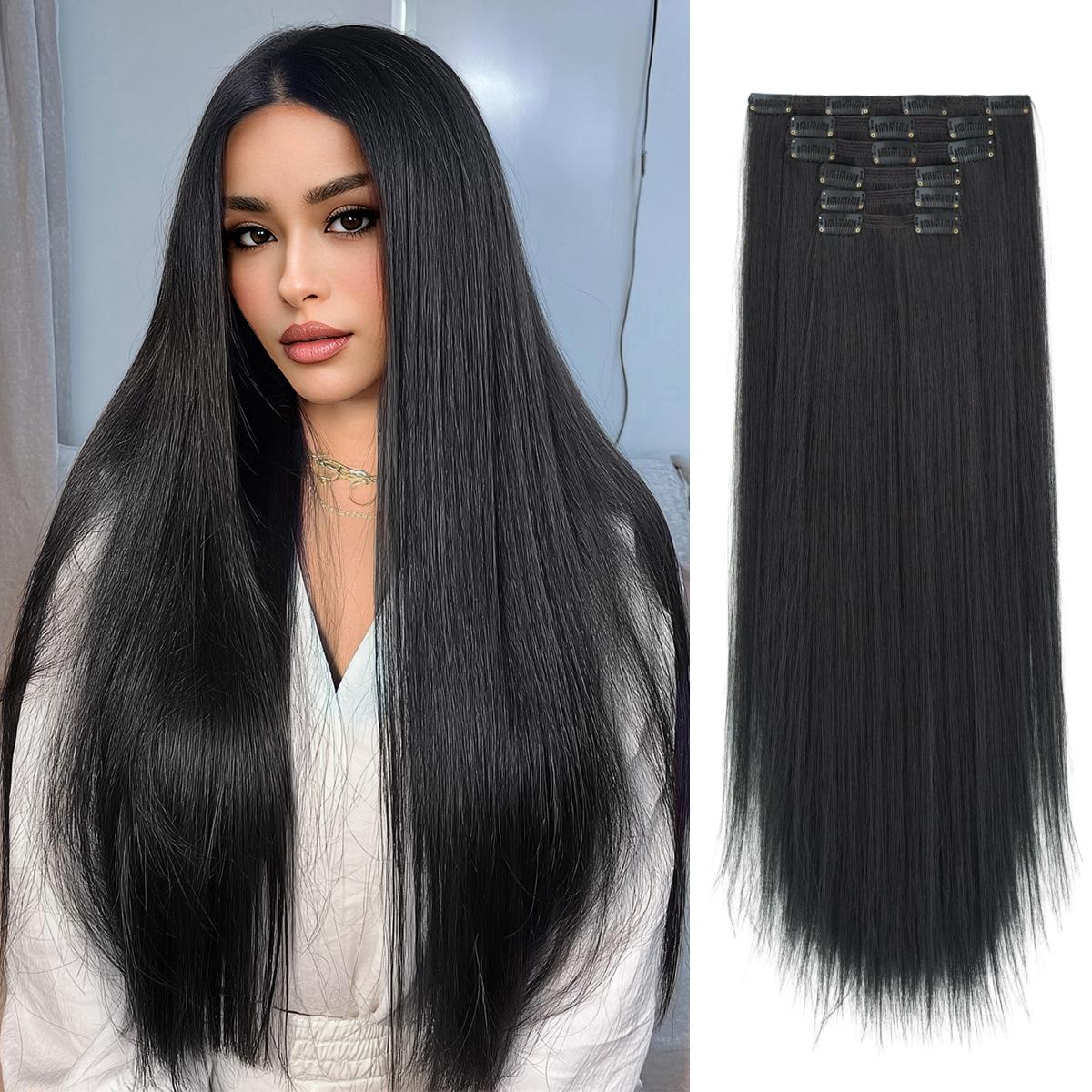 6-teiliges 26  Clip-In Haarverlängerungs-Set – Nahtlose gerade synthetische Haarsträhnen in Blond, Schwarz, Kastanienbraun & mehr für sofortige Länge & Volumen 26Inch schwarz