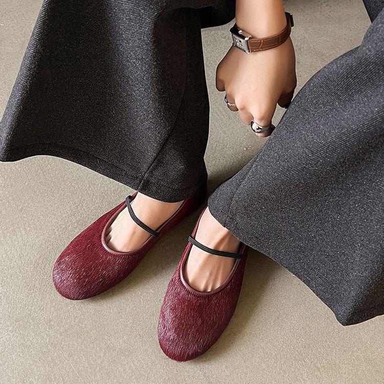 

Horsehair leather women s shoes shallow mouth round head Mary Jane shoes with French grandma shoes suitable for flat-soled single shoes ladyshoes 39 бордовый