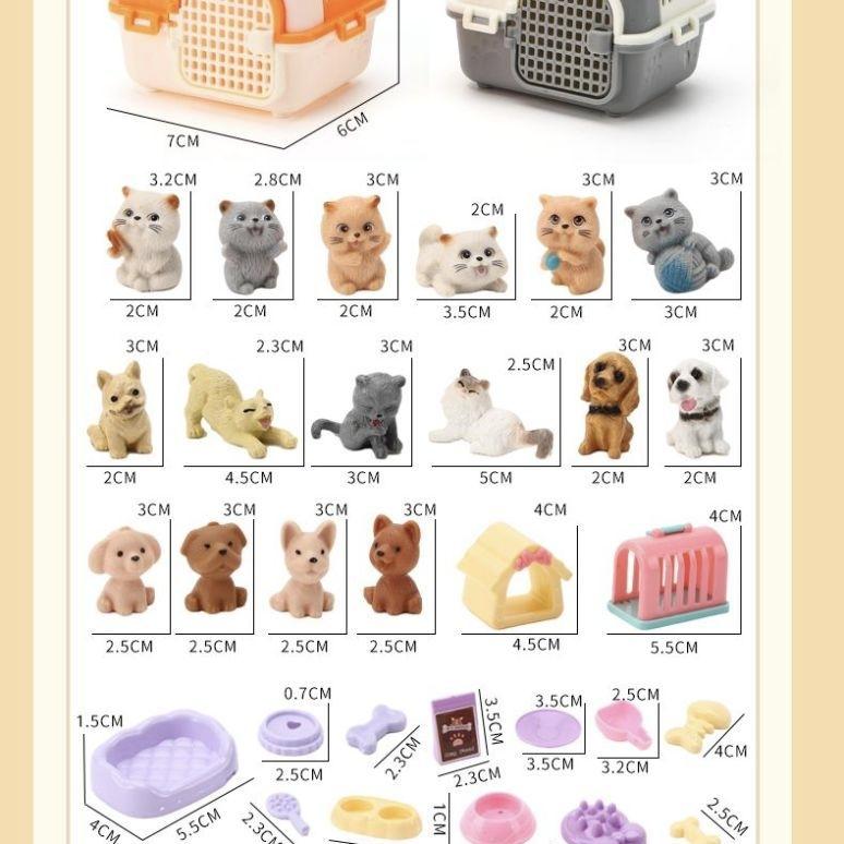 Mini-Tierkatze-Hund-Figur Spielset, Rollenspiel-Tierpflege-Spielzeugset mit Käfig-Futterzubehör für Kinder