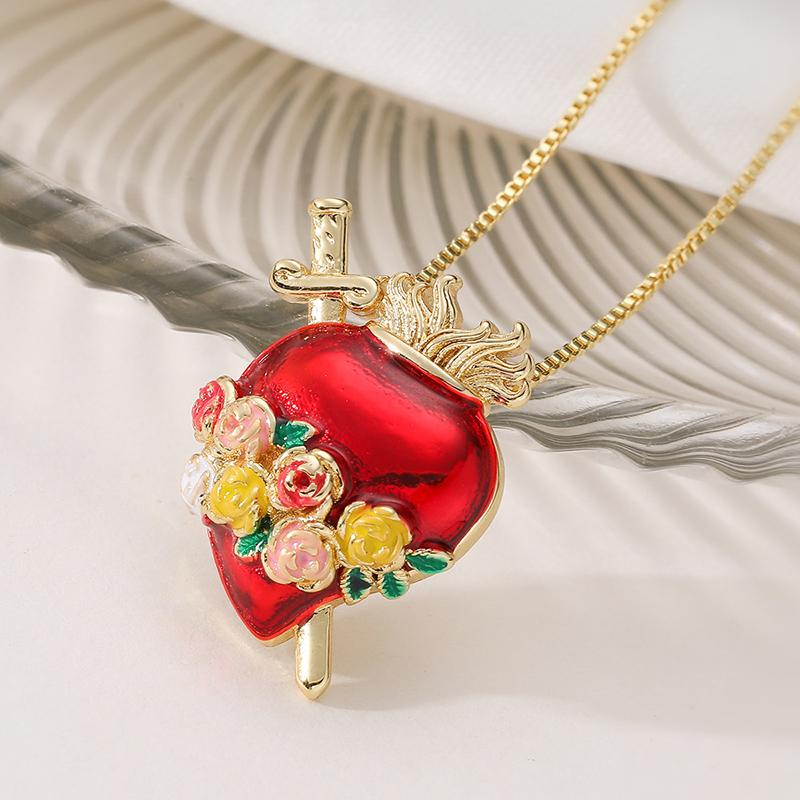 Fashion Red Oil Dripping Heart Pendant Necklaces For Women Gold Color Copper Party Jewelry Female