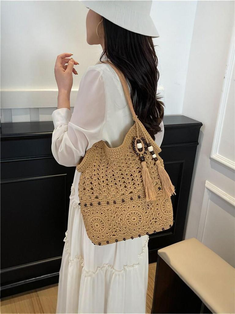 Women's Large Capacity Straw Woven One-Shoulder Crossbody Tote Bag - Versatile, Fashionable, Summer Commute Essential