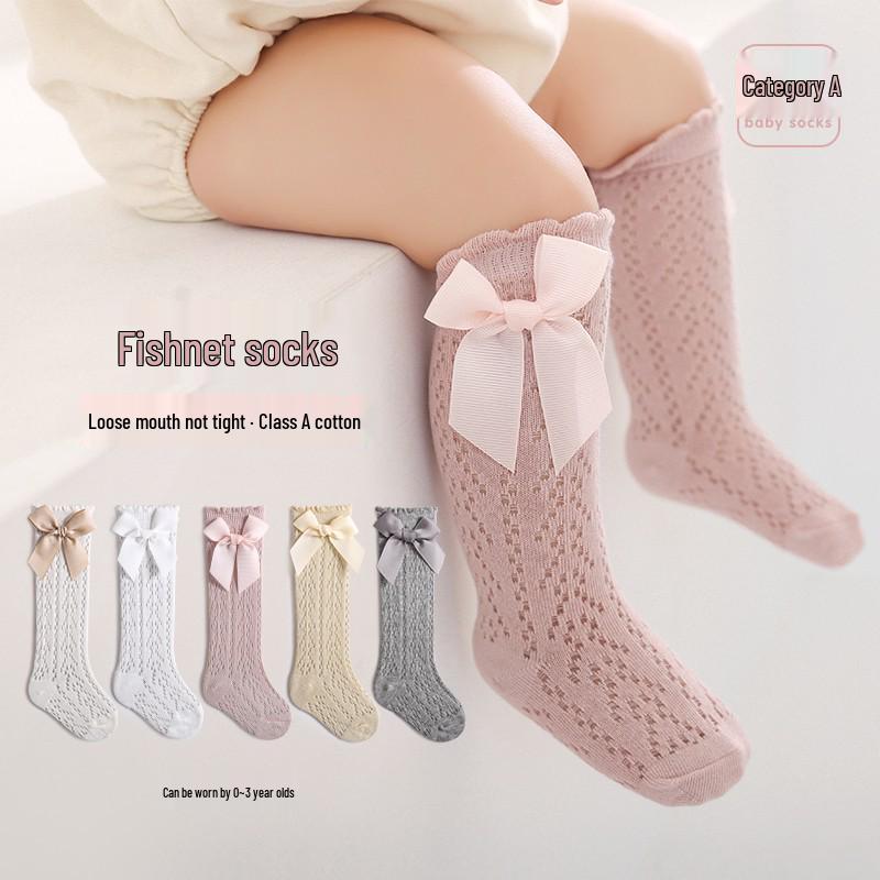 Breathable Mesh Baby Princess Knee-High Bowknot Socks - Mosquito-Proof Summer Wear