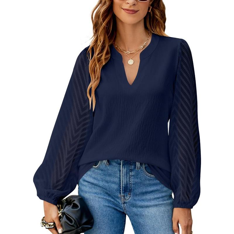 GMXIA Women's Fashion Casual Leisure Autumn Winter  Solid Color Print Long Sleeve V-Neck Blouses & Shirts
