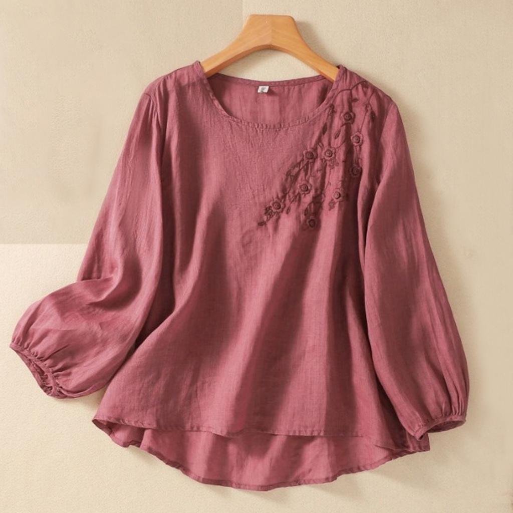 Women's Solid Color Cotton And Linen Long-sleeved Embroidered Retro Breathable T-shirt Round Neck Top