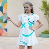 Girls Round Neck Flutter Sleeve Printed A Line Flared Dress Blue Pink White