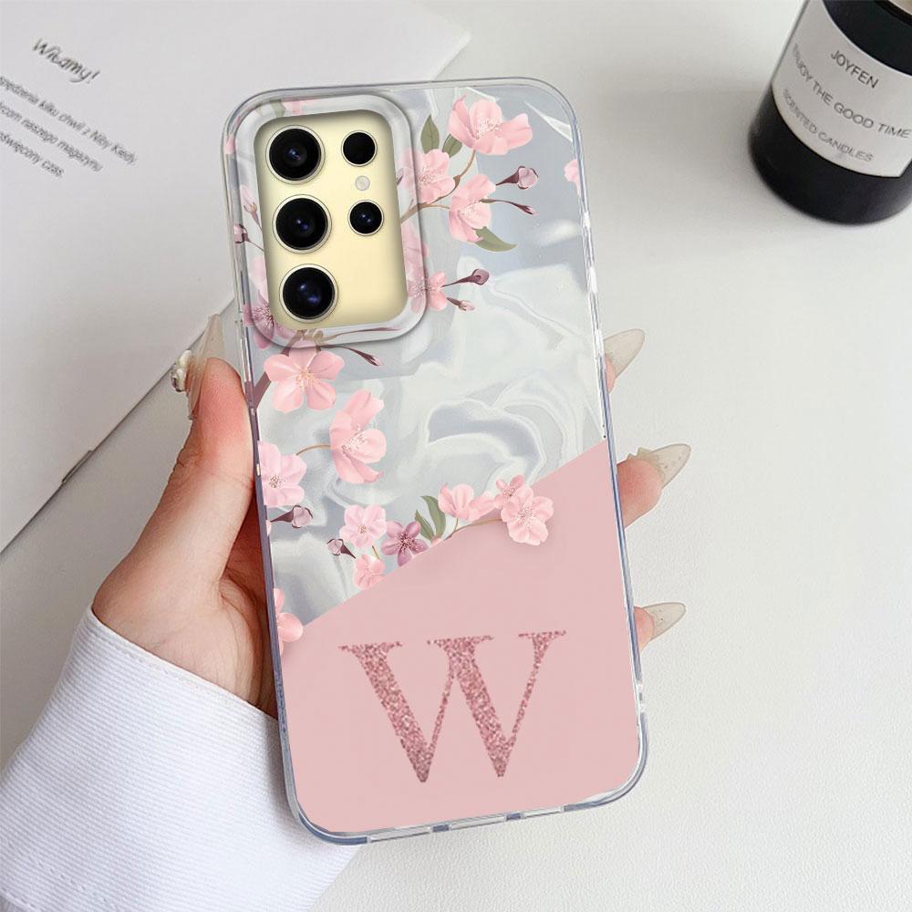A Z Pink Letter Peach Flower ?Shockproof Phone Case For Samsung Galaxy S25 Edge S24 FE Plus Ultra Couple Silicone Fundas Cover