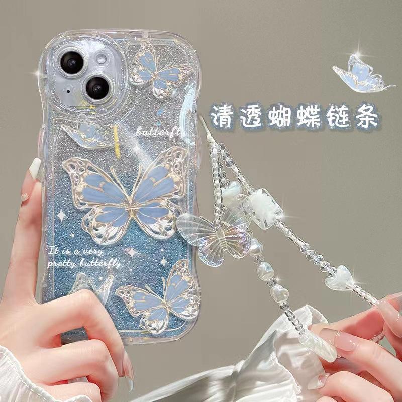 Blue Butterfly Glitter Is Suitable for Iphone11 Transparent Mobile Phone Case Apple 11 Wave Bubble 11 Anti-drop Protective Case 11