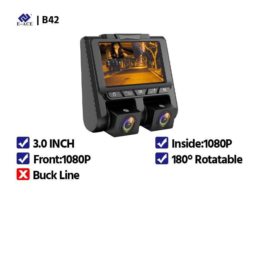 

E-ACE Камера Видеорегистратор 3 дюйма Автомобильный видеорегистратор Фронтальная и внутренняя двойная линза 1080P Циклическая видеозапись Ночное видение 24-часовой монитор парковки NO TF Card
