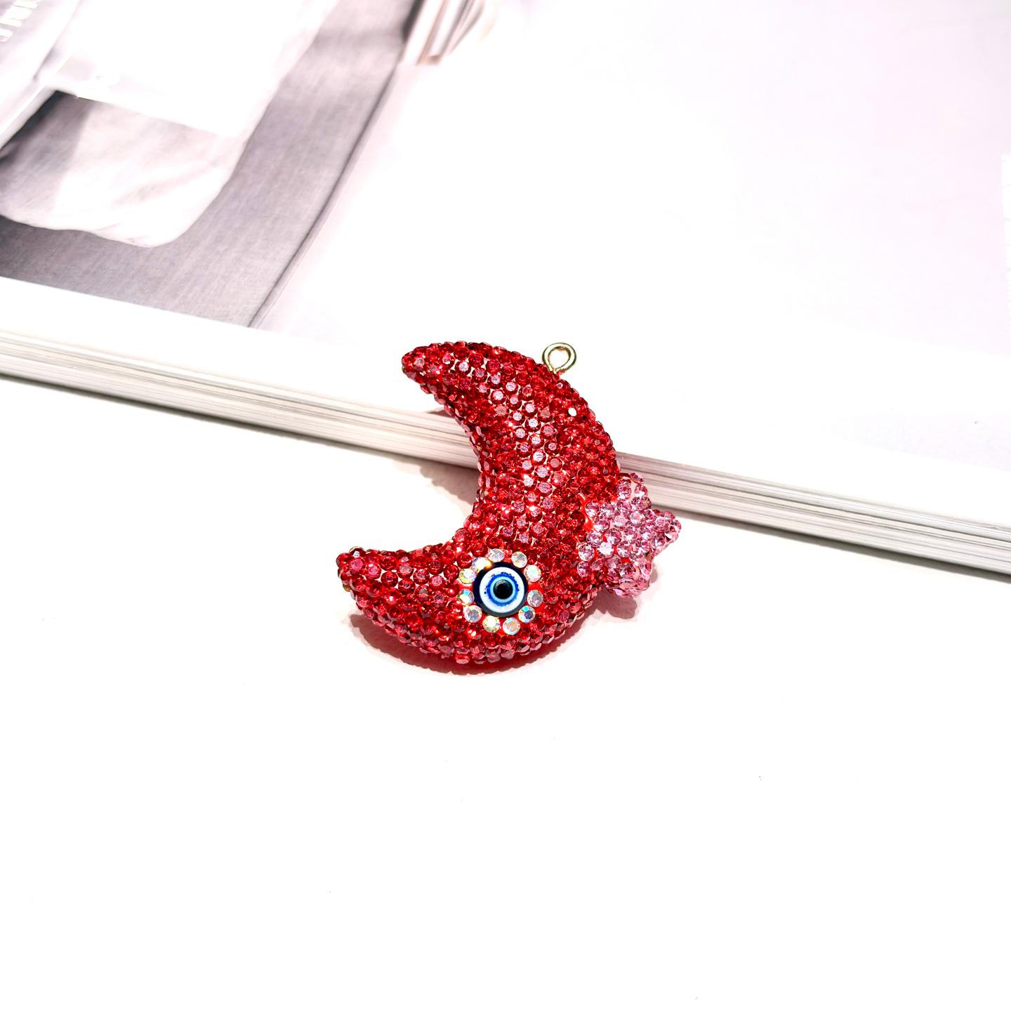 Double-Sided Rhinestone Moon & Demon Eye Keychain Pendant Accessory