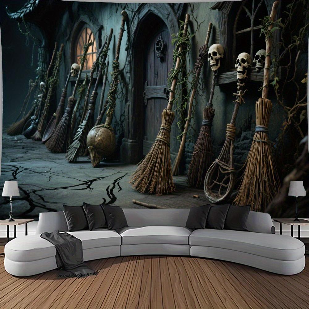 Halloween Vine Witch Broom Skeleton Castle Tapestry Dark Withered Vine Magic Broom Ghost House Wallcloth Party Decor 100X70CM