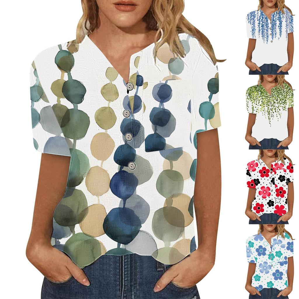Damen Sommer Casual Fashion Baumwolle Leinen bedruckt Damen Kurzarm Shirt Tops