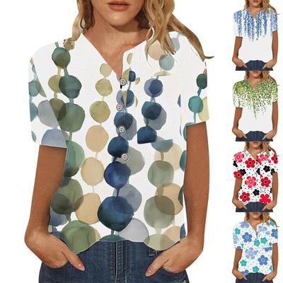 Damen Sommer Casual Fashion Baumwolle Leinen bedruckt Damen Kurzarm Shirt Tops