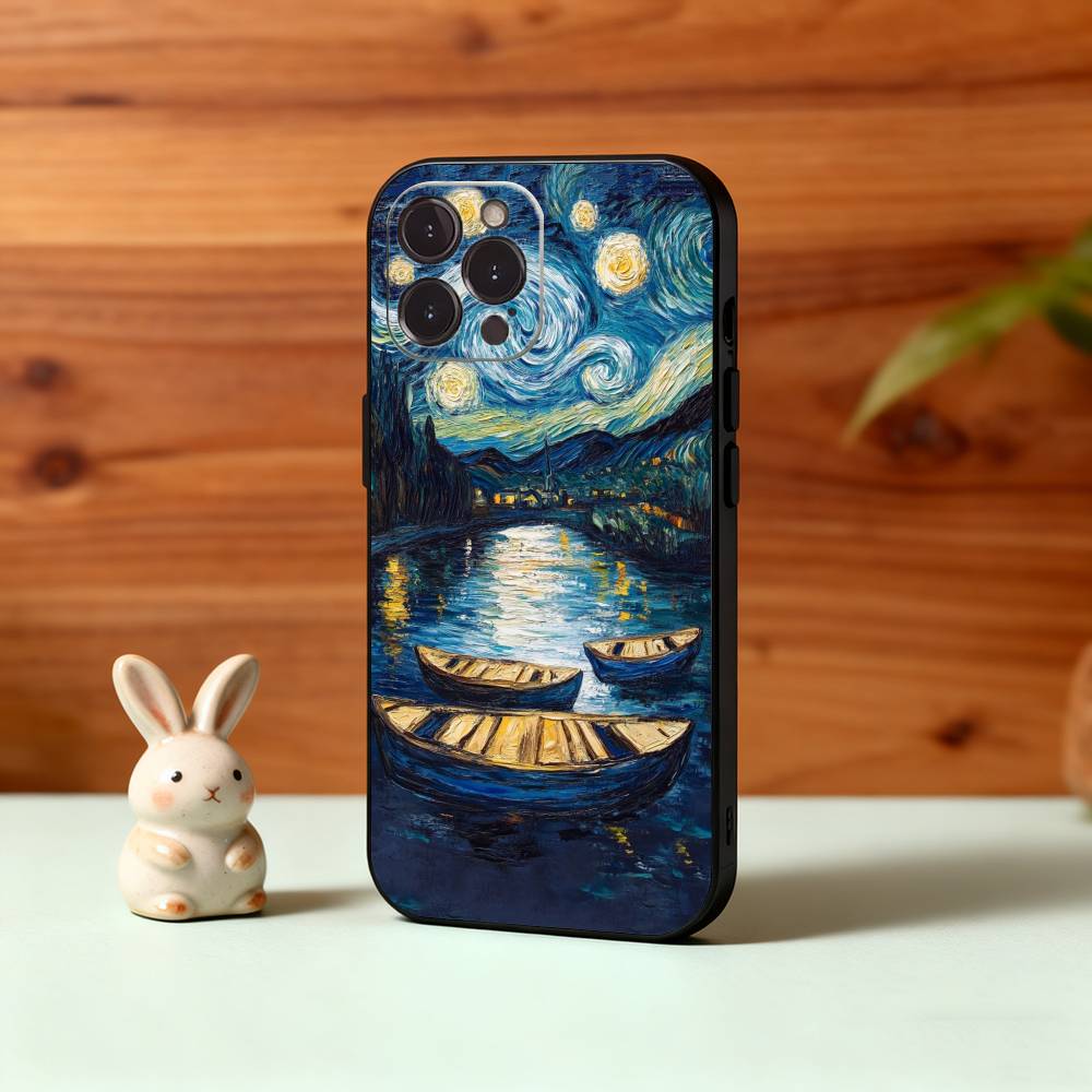 V-Van G-Gogh The Starry Night Phone Case For iPhone17,16,15,14,13,12Plus,Pro Max,XS,5G Soft Silicone Black Cover
