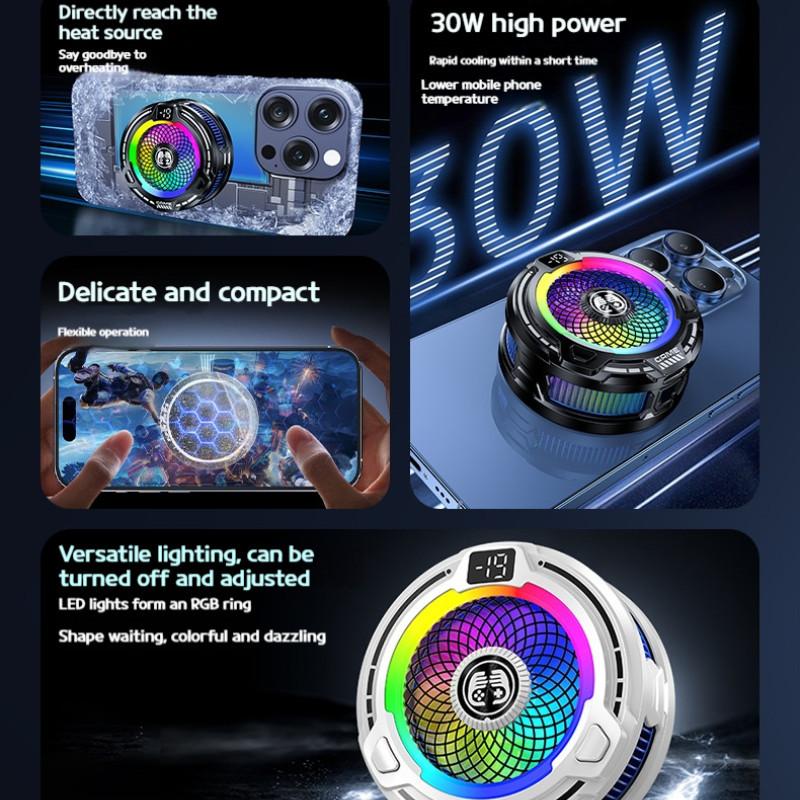 FS18 AI Mobile Cooler 30W Magnetic Back-clip Ice Cooling Radiator Digital Display RGB Light Gaming Cooler Temperature Control