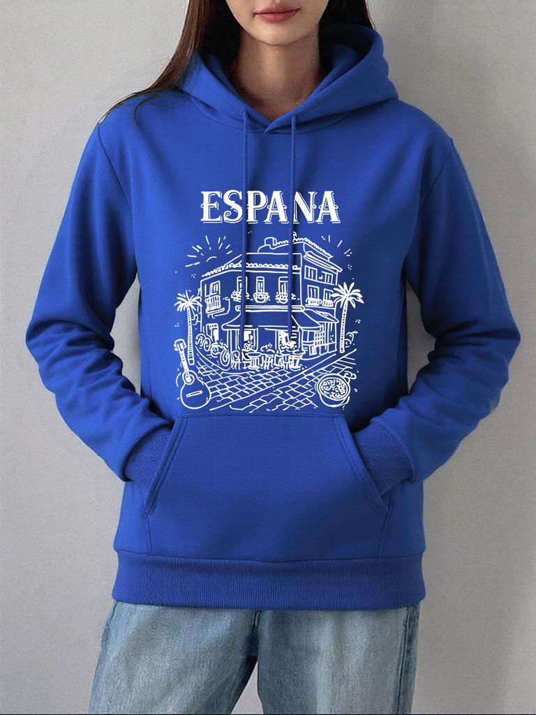 Spanien Lokale Straßenszene Drucke Kapuzenpullover Damen Lässig Locker Sweatshirt Winter Fleece Warm Pullover Basics Tasche Damenkleidung