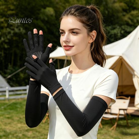 Sunscreen Arm Sleeves Women Sun Protection Gloves, Cooling with Detachable Full Finger Gloves Anti-Slip Palm, UV for Summer Driving Cycling Hiking