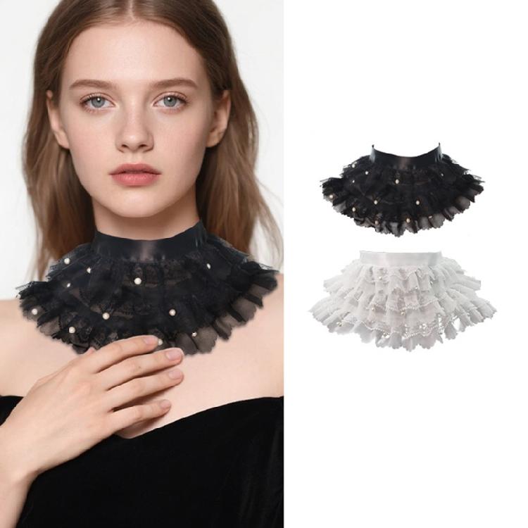 Stylish 3 Layer Pearls Beaded Detachable Collar Lace Choker Necklace Accessory For Formal And Casual Wear