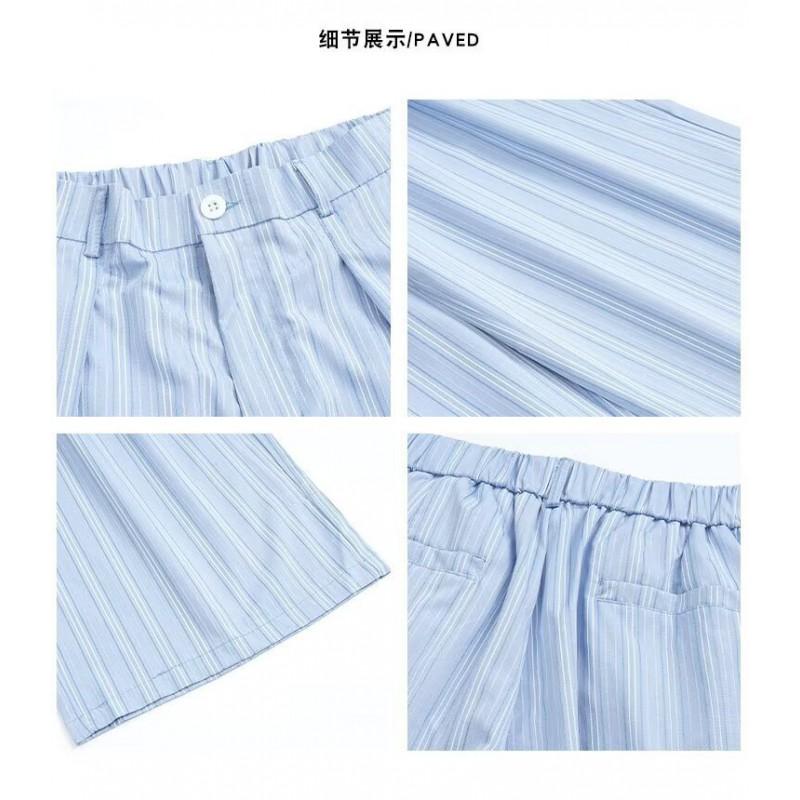 Mens Light Blue Striped Pleated Wide Leg Trousers Thin Loose Casual Pants Work Daily