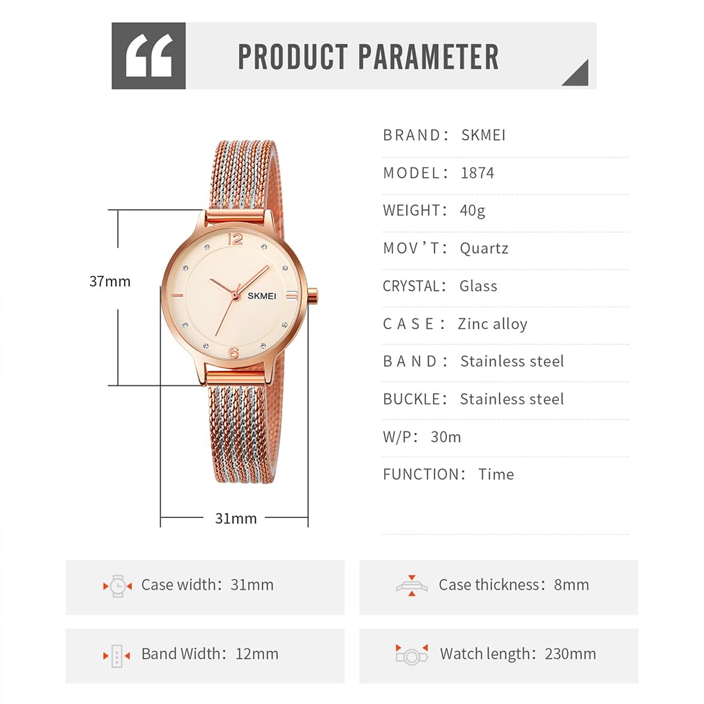 SKMEI Quartz Mesh Stainless Rose Watch Women's Wristwatch, Simple, Ultra-Thin Movement, Stylish, Waterproof, Business, Strap, Steel, White, Gold,
