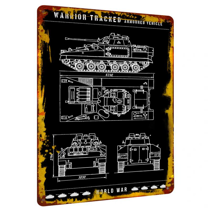 

Warrior Tracked Armoured Vehicle Blueprint Metal Wall Art Military Decor for Home Office Collection 20x30cm（7.8x11.8inch）