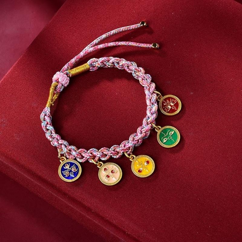 Handmade Tibetan Bracelet Colorful Five Way God of Wealth Bangle Adjustable Pulling Rope Wristchain for Women and Girls