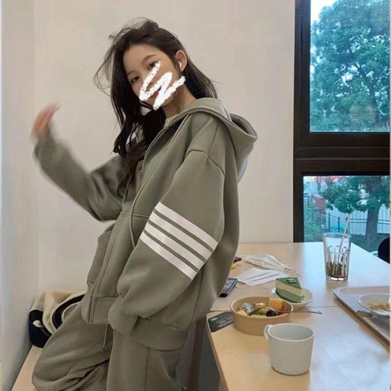 Dámská tepláková souprava Influencer: Volná mikina s kapucí na zip a tepláky v korejském stylu pro podzimní/jarní ležérní módu