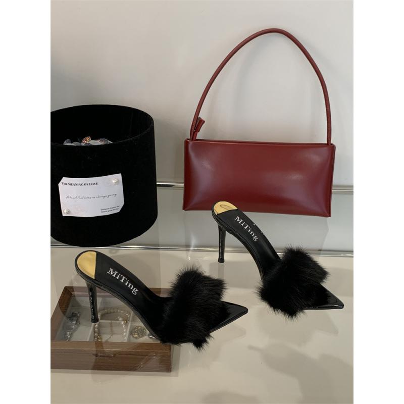 2025 Spring and Autumn New Fashion Versatile Mao Mao High Heel Cool Slippers Women's Fashion Outer Wear Versatile Pointed Heel