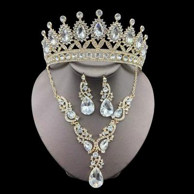4-teiliges Prinzessinnen-Tiara-Set mit Wassertropfen-Kristallen Braut-Halskette Ohrringe in Grün Blau Rot Krone Zirkon für Hochzeiten Frauen Teenager