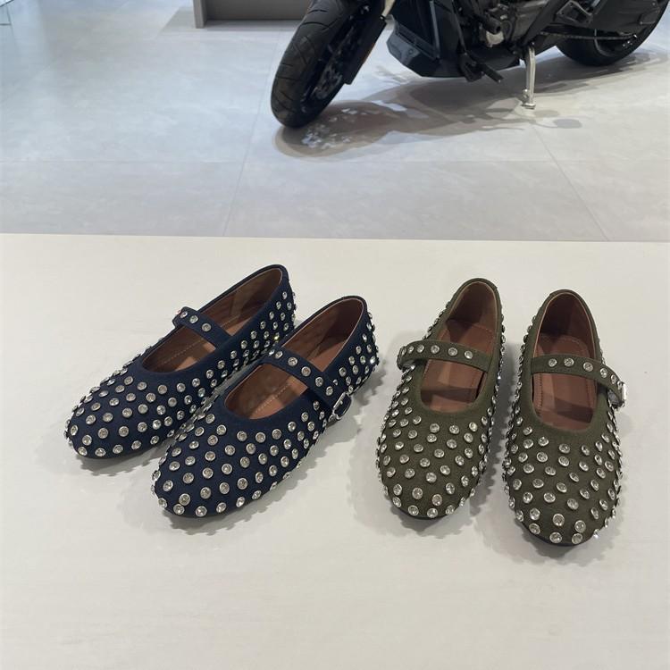 Cowhide Version~ Round Head One-word Buckle Band Ballet Shoes Women's Full Diamond Flats Hollowed Out Mary Jane Single Shoes Fishing Net Shoes