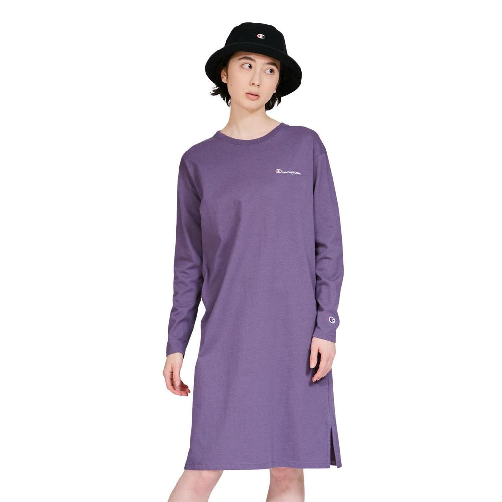 Champion Long Sleeve Crew Neck CottonUSA Script Dull Women's Dress, 100% Cotton, Logo, Purple, CW-W401