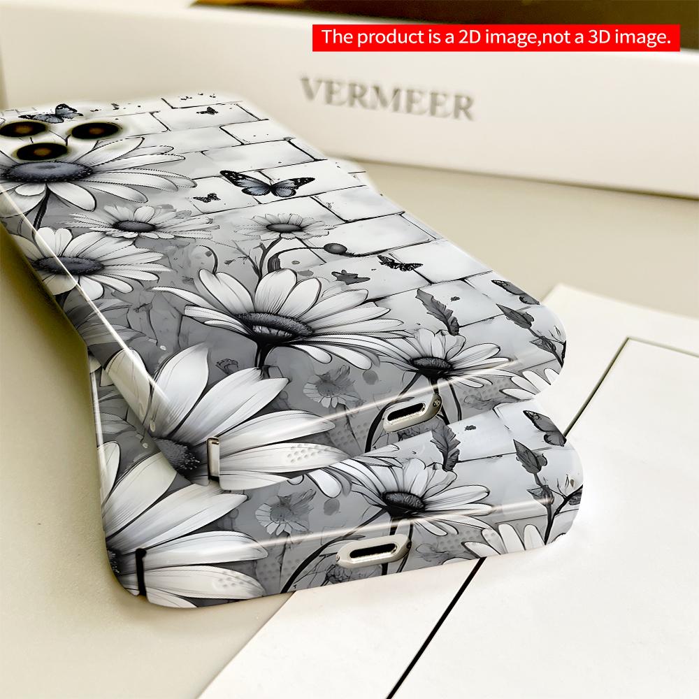 Black & White Daisies and Butterflies Brick Wall Phone Case All Inclusive Film Hard Phone Case, Compatible with iPhone 18 Pro Max 17 16 15 14 13 12 11