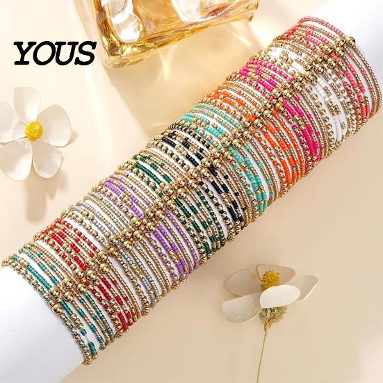Multi-colored Beaded Bangles 5Pcs Bracelet Stack for Women Teenage Girls, Tiny Colorful Bead Jewelry Beads Bracelets, Elastic Stretch Boho Accessories