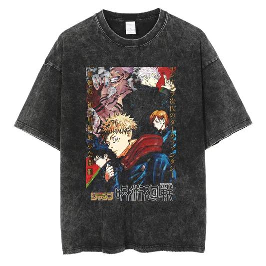 Parentchild Fashion Anime Comfortable Tshirt Jujutsu Kaisen Washed Tee Vintage Oversized Anime Graphic Men Casual Tops