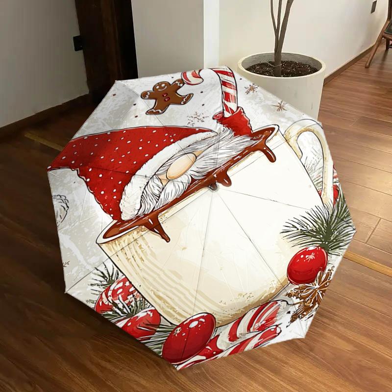 

Christmas Gnome Hot Chocolate Mug with Candy Cane Handle - Festive Gift for Fans, Travelers, Everyday Use - Auto Open Close Umbrella Design,