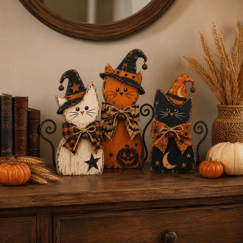 Double Side Witch Cat Decor Vintage Desktop Decoration Halloween Figurine Set Home Decor