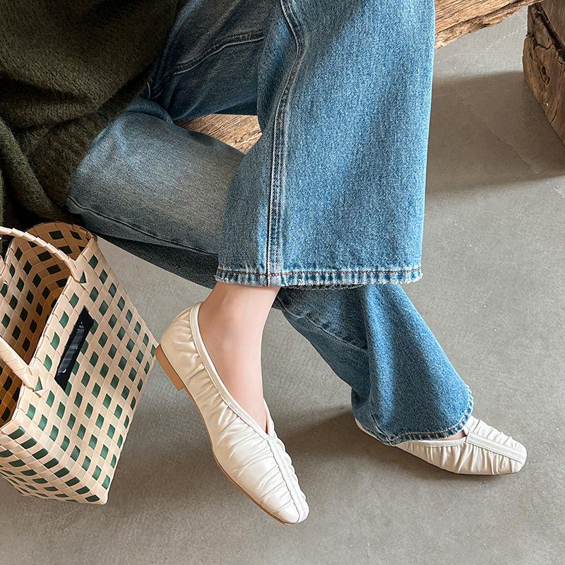 Fashion 2025 New Spring Women Flats Genuine Leather Shoes for Women Fashion Shallow Square Toe Women Pleated Ladies Shoes