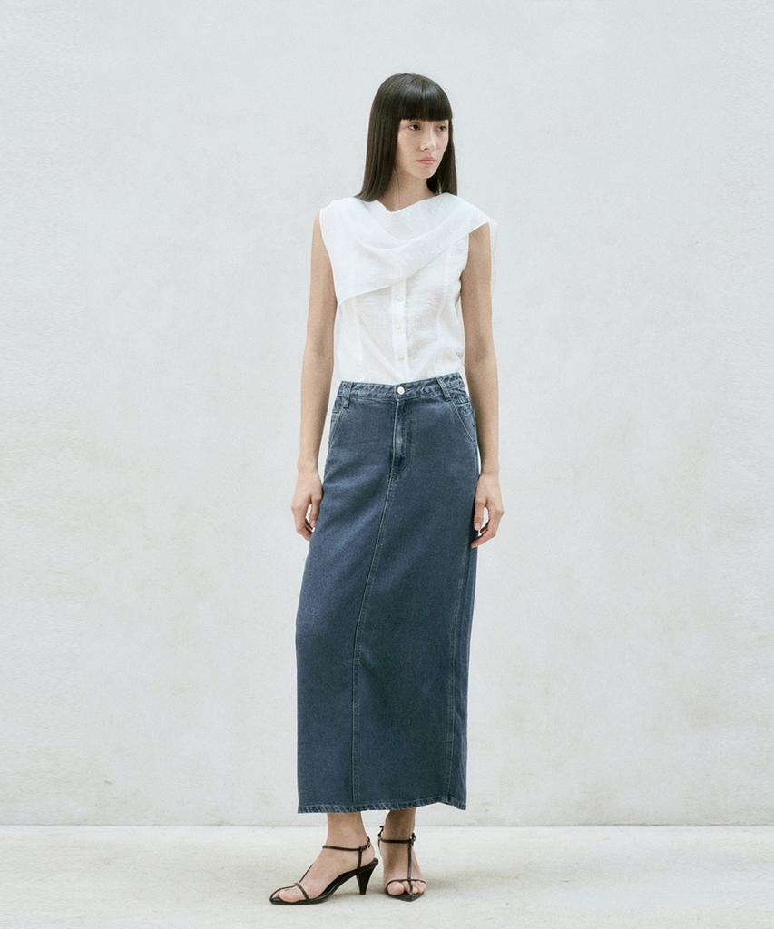 RE RHEE Washed Denim Midi Skirt